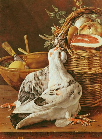 Still Life with Pigeons, Wicker Basket, Ham, Onions and a Lemon by Luis Egidio Melendez